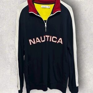 Nautica Men's Black & Red Sweater Quarter Zip Embroidered Size XL Coastal Vibes